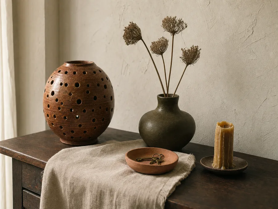 Poteries et objets de décoration posés sur une console en bois