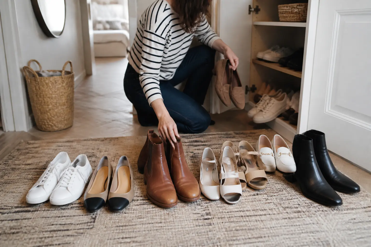 Astuce rangement chaussures : tri de paires dans une entrée d’appartement, en quatre piles distinctes.