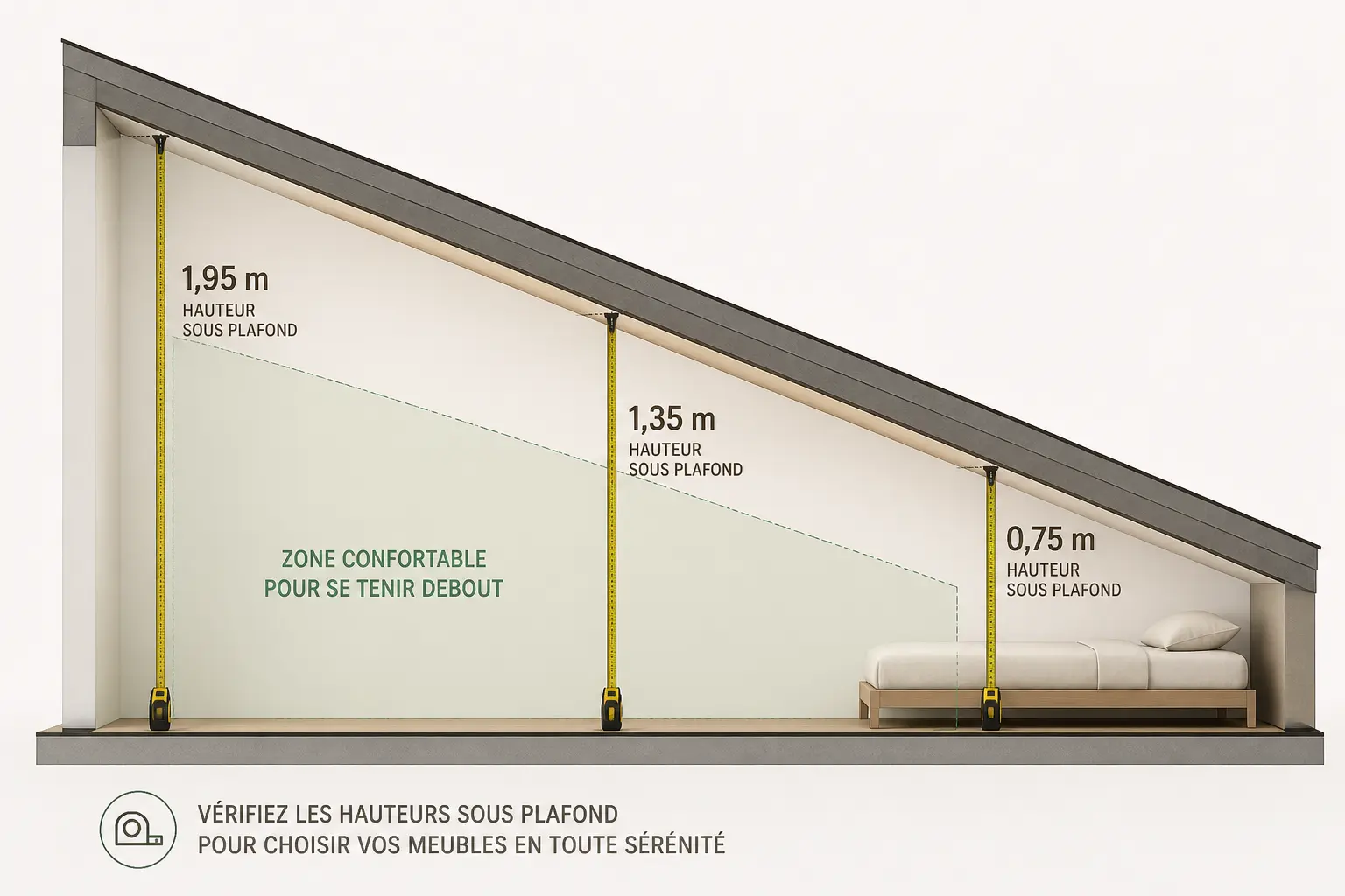 Schéma d’une chambre sous comble tres bas : mesure de hauteur en 3 points, lit bas et zone utile.