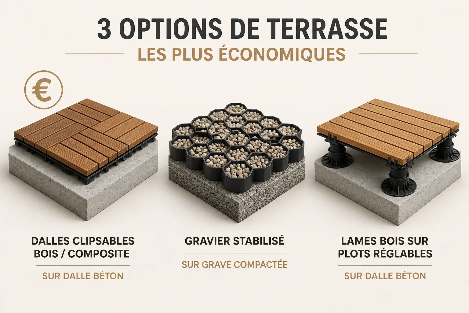 Faire une terrasse pas cher : comparaison de 3 solutions économiques, dalles, gravier et plots.