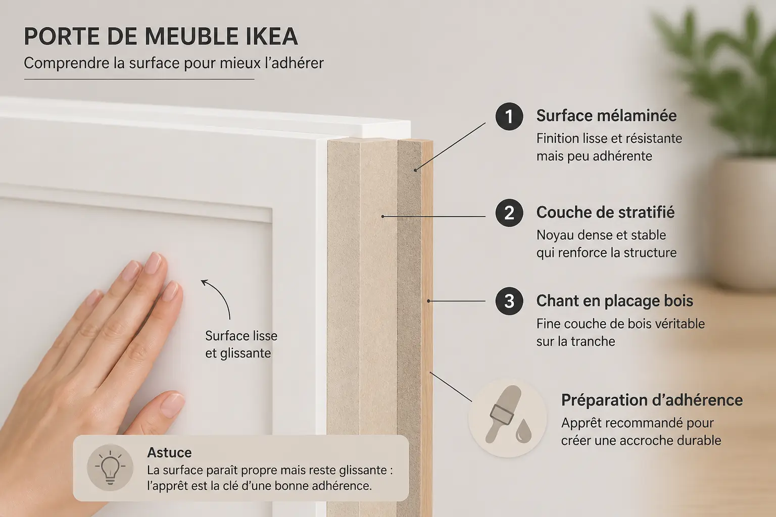 Peinture pour meuble IKEA : coupe d’un panneau, mélamine, stratifié, placage et préparation d’accroche