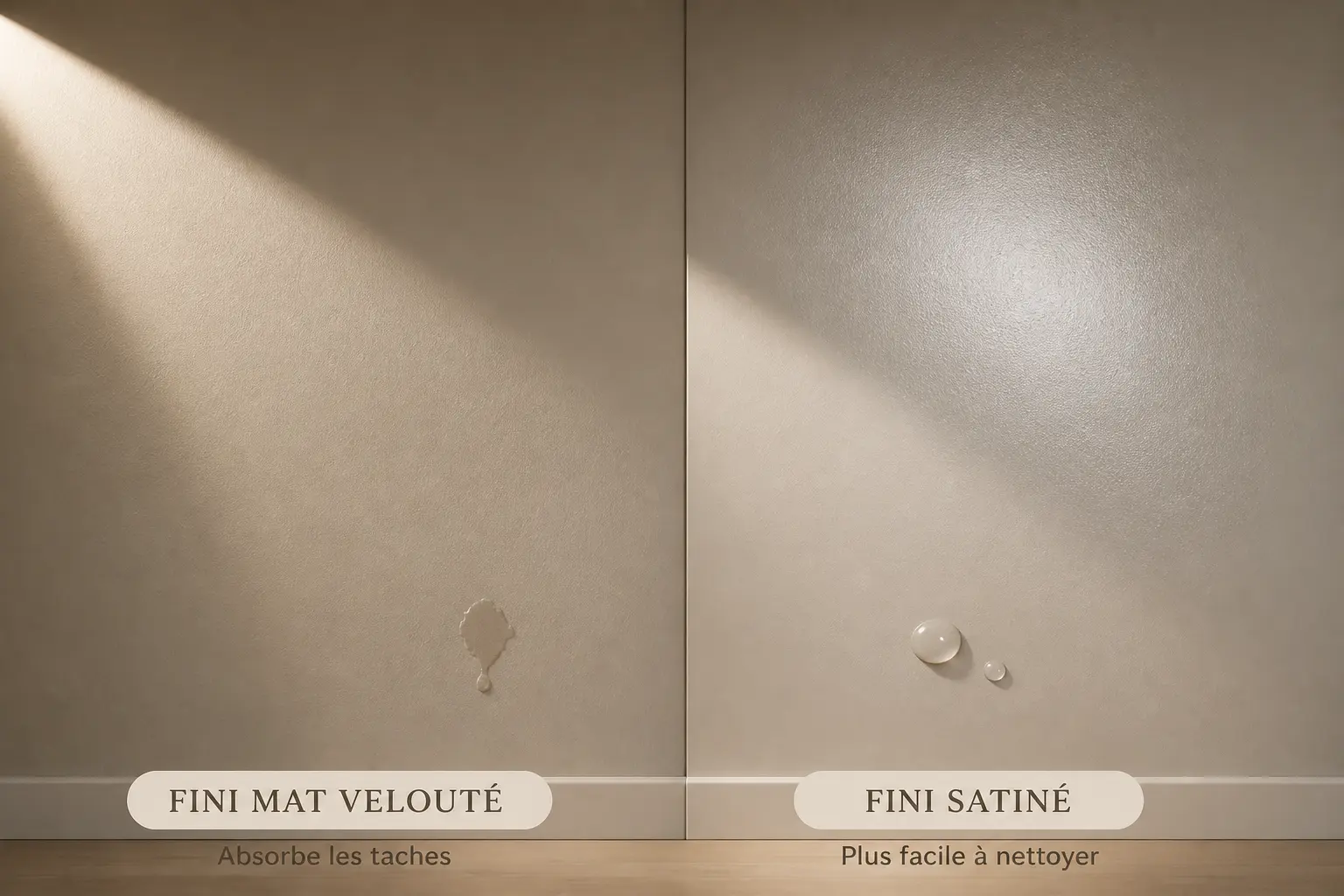 Peinture velours ou satin : deux murs comparés sous une lumière rasante, reflet et nettoyage visibles.