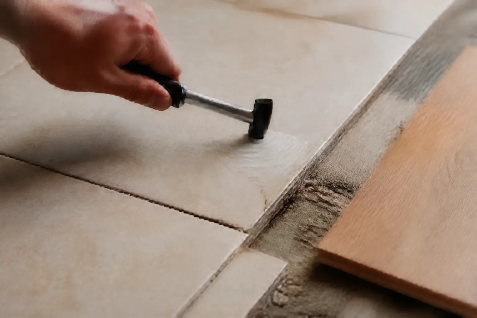 Tester un carrelage avant de poser du parquet sur du carrelage, avec une lame prête à être posée.