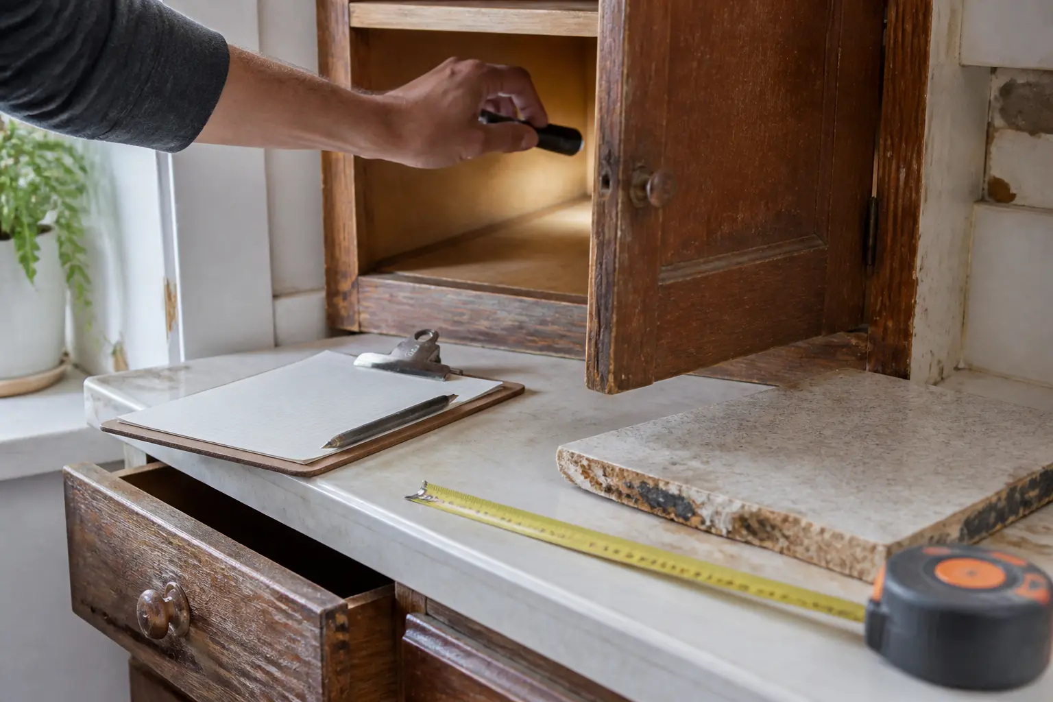 Rénovation cuisine ancienne : inspection d’un meuble, d’un plan de travail usé et d’un budget de chantier