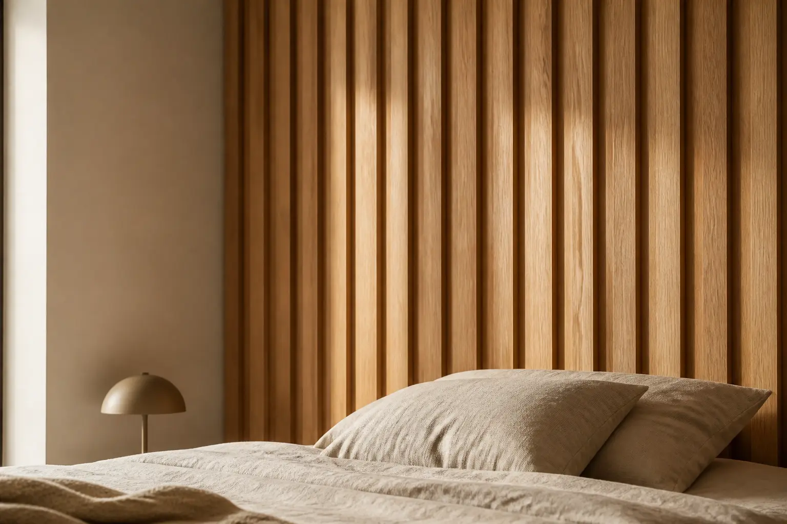Tete de lit tasseau bois en chêne, relief vertical et ombres douces dans une chambre minimaliste.