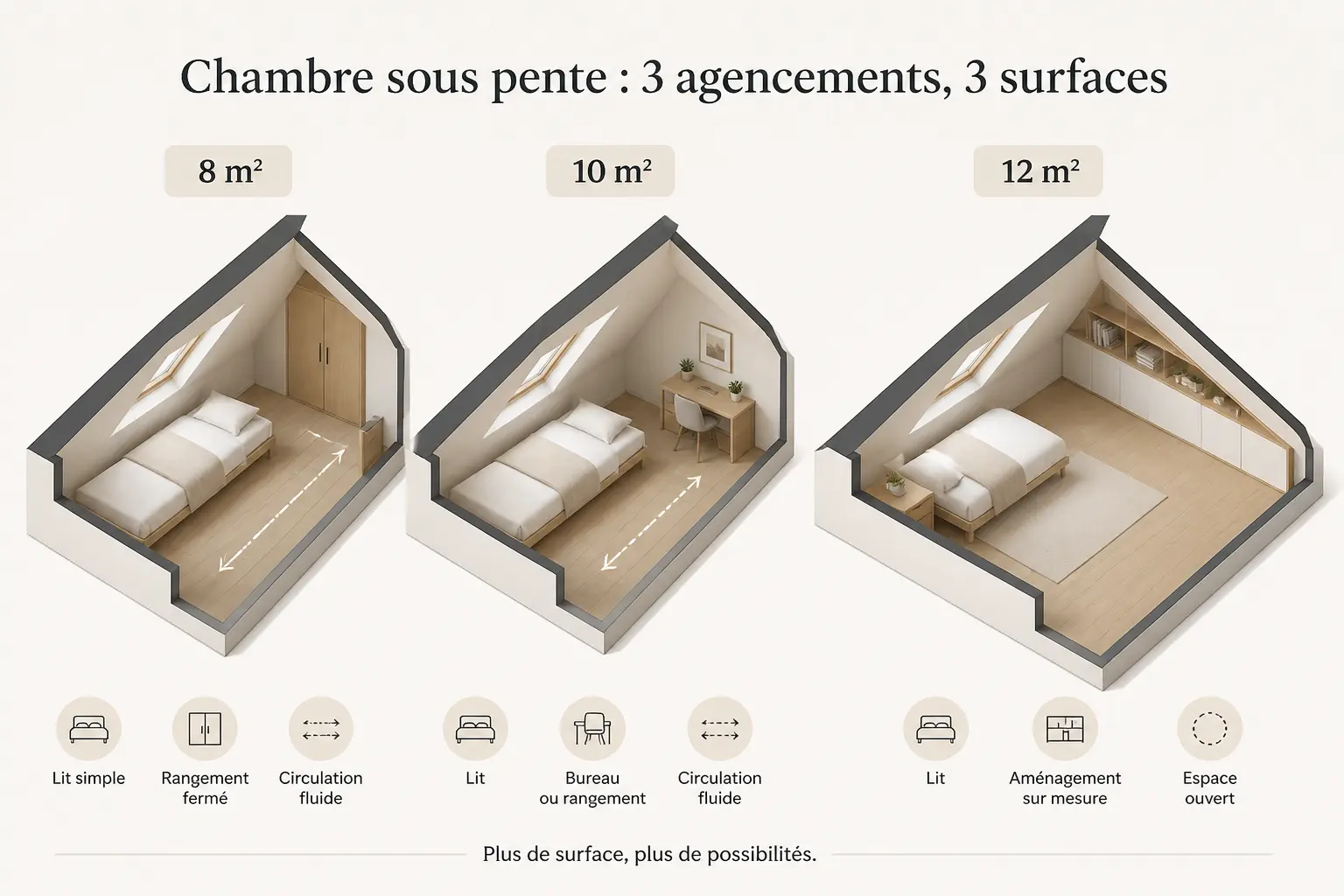Chambre sous comble tres bas : trois plans d’aménagement comparés en 8, 10 et 12 m² sous toit pentu.