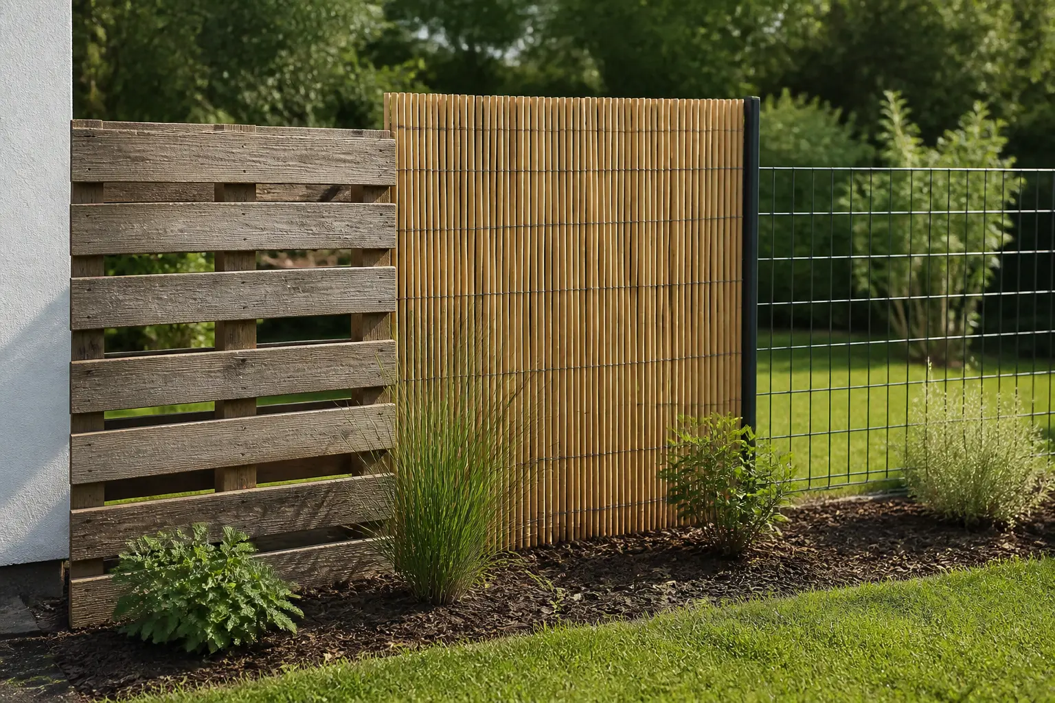 Clôture pas cher à faire soi-même : trois options DIY en bois, bambou et grillage dans un jardin