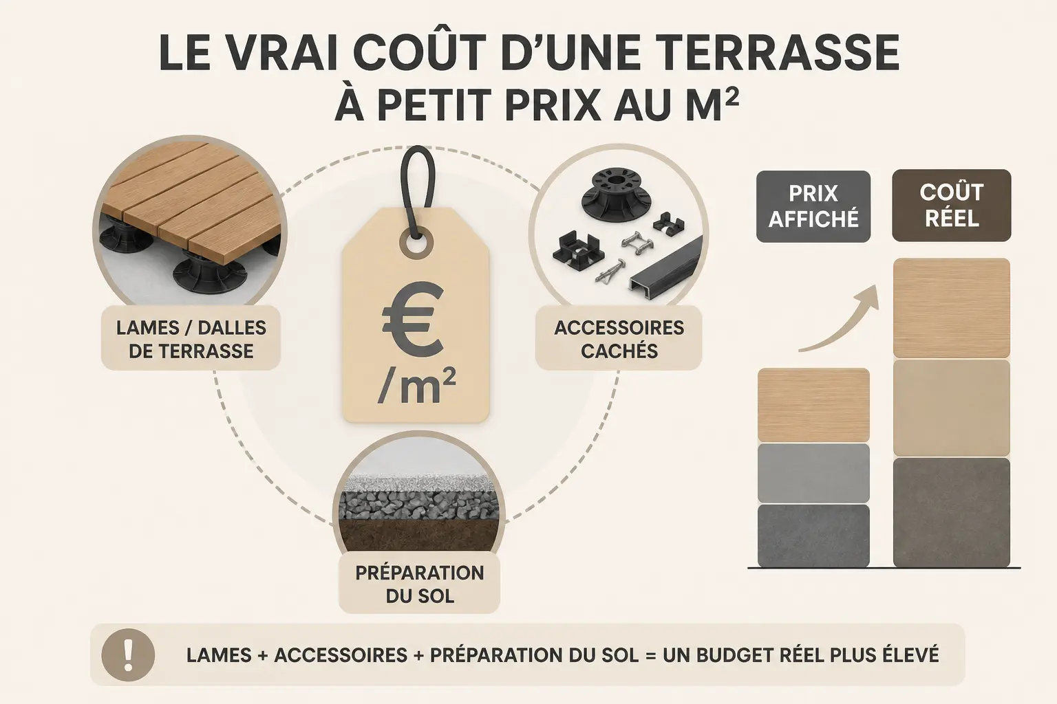 Infographie sur faire une terrasse pas cher : coût réel au m² avec lames, accessoires et préparation