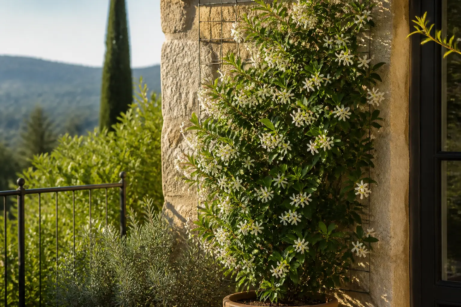 Jasmin étoilé brise-vue sur mur de pierre, guidé par treillis, pour fermer la vue en terrasse abritée.