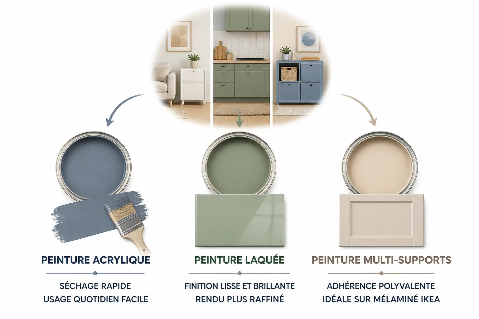 Peinture pour meuble IKEA : trois choix selon l’usage, acrylique, laque et multisurface, avec finitions distinctes.