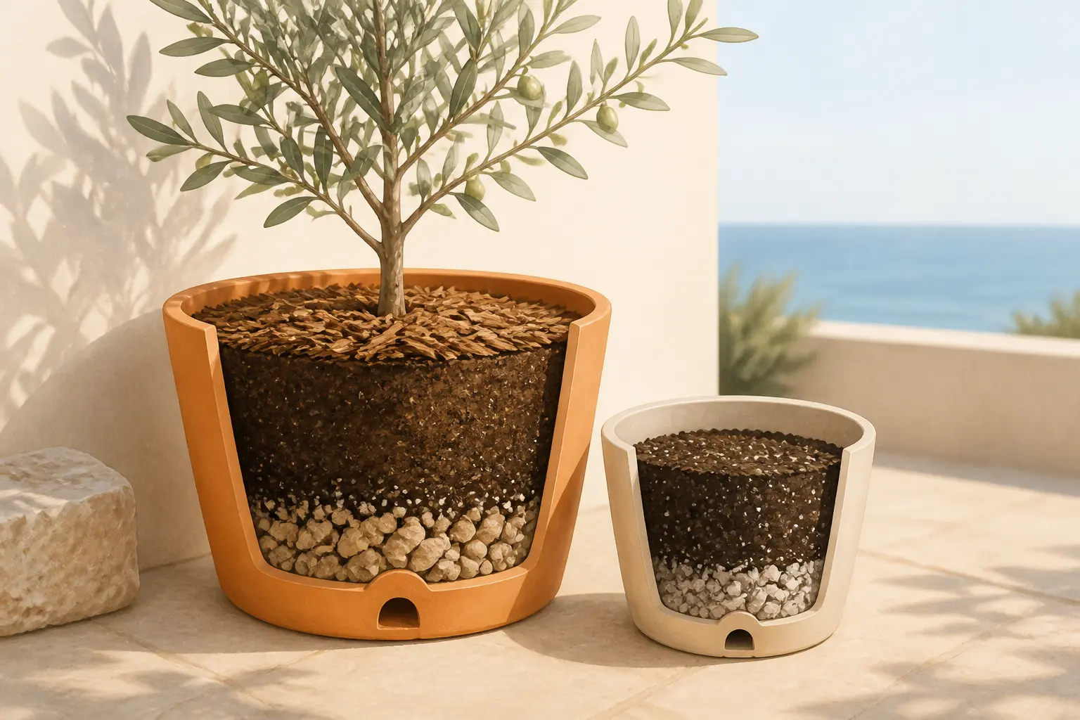 Plantes pour terrasse ensoleillée : pots en terre cuite et résine avec substrat drainant et jeune plante