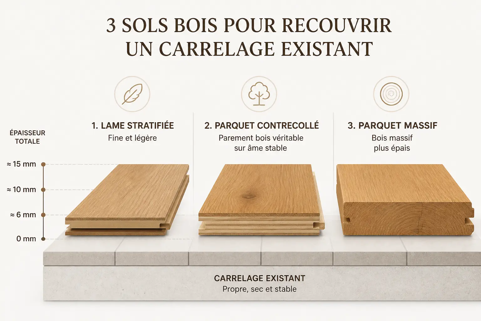 Poser du parquet sur du carrelage : comparaison de trois revêtements bois pour recouvrir un sol carrelé.