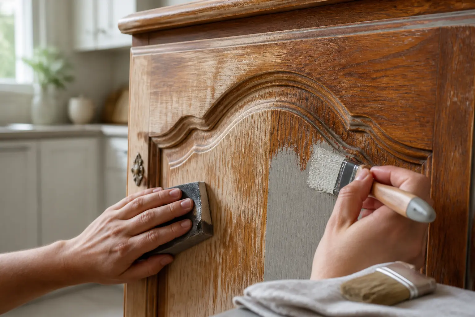 Rénovation cuisine ancienne : porte de meuble en bois poncée et repeinte avec soin, relief préservé.