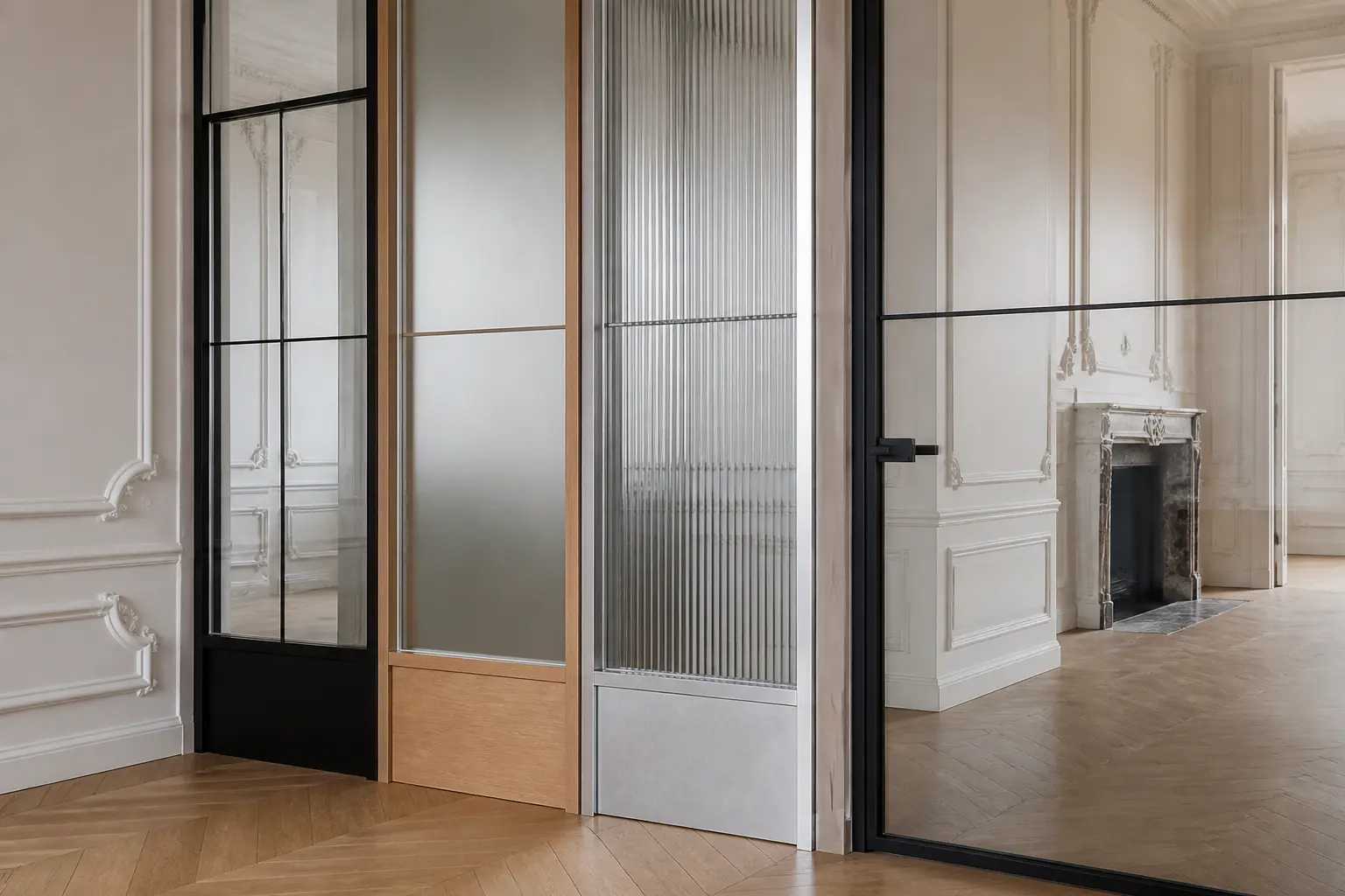 Verriere art deco sur mesure avec cadres noir, chêne et aluminium, verres clair, dépoli et feuilleté