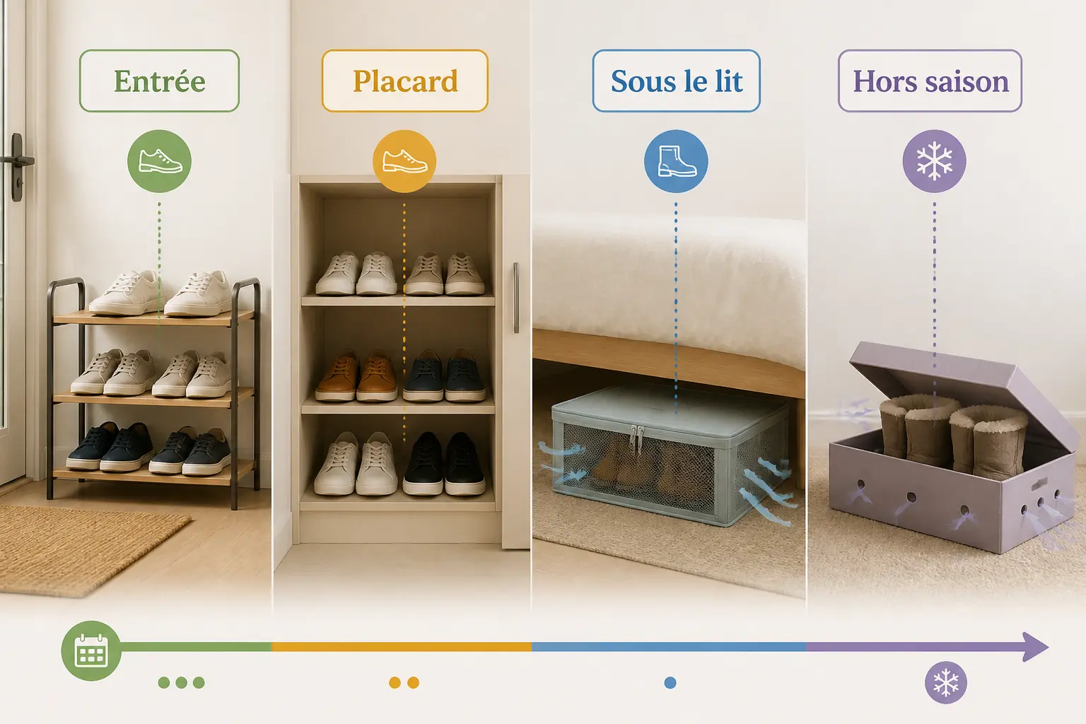 Astuce rangement chaussures : trois zones, entrée, placard et sous le lit, pour conserver chaque paire sans l’abîmer.