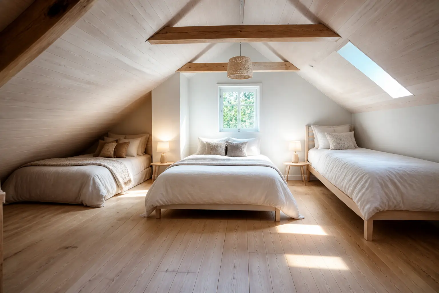 Chambre sous comble tres bas : trois placements du lit sous rampant pour préserver l’espace utile.