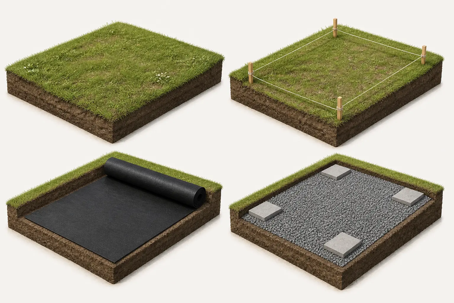 Faire une terrasse pas cher : préparation du sol sur terre ou pelouse avec géotextile, gravier et pavers