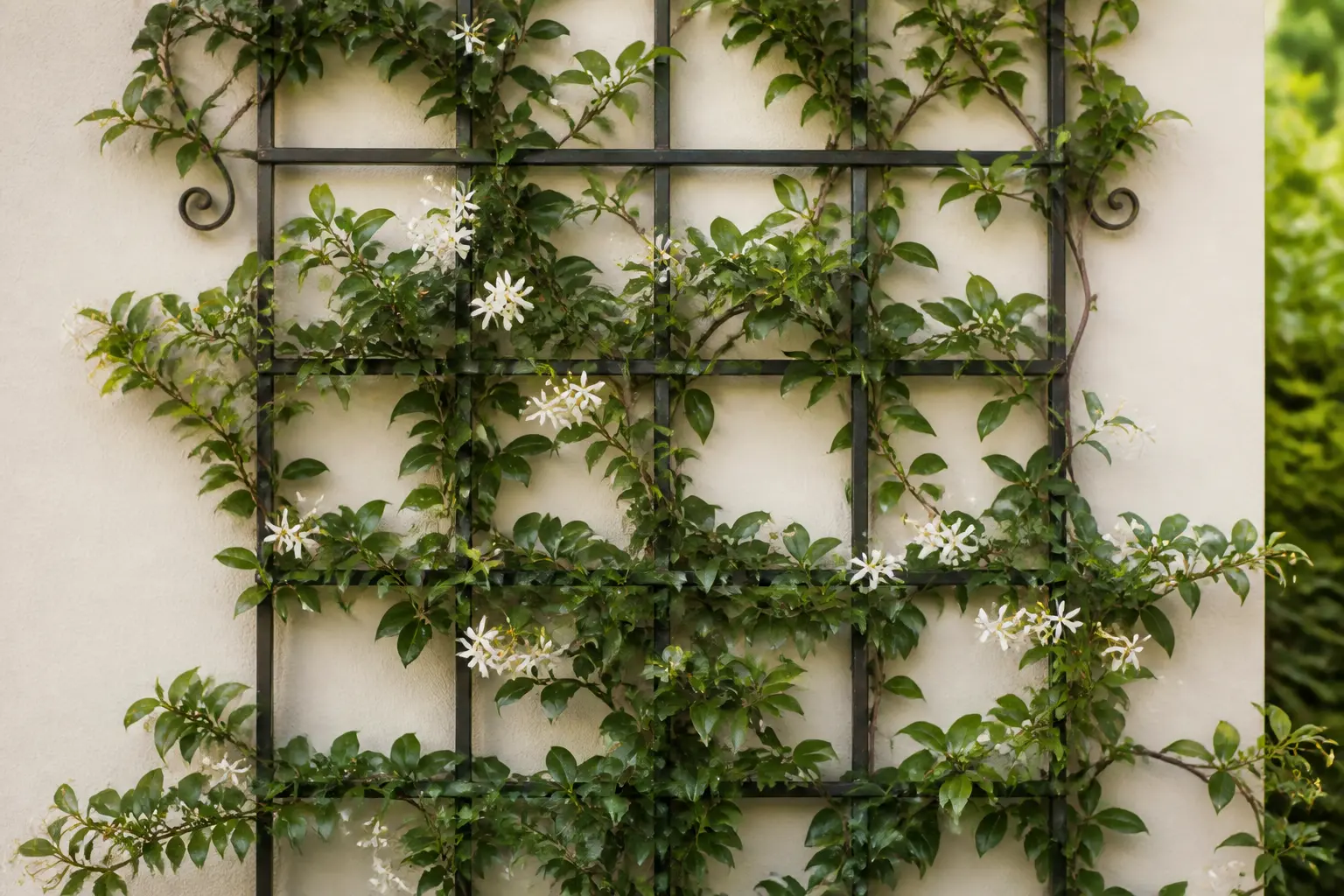 Jasmin étoilé brise-vue sur treillis métallique, branches latérales densifiant le feuillage et fleurs blanches