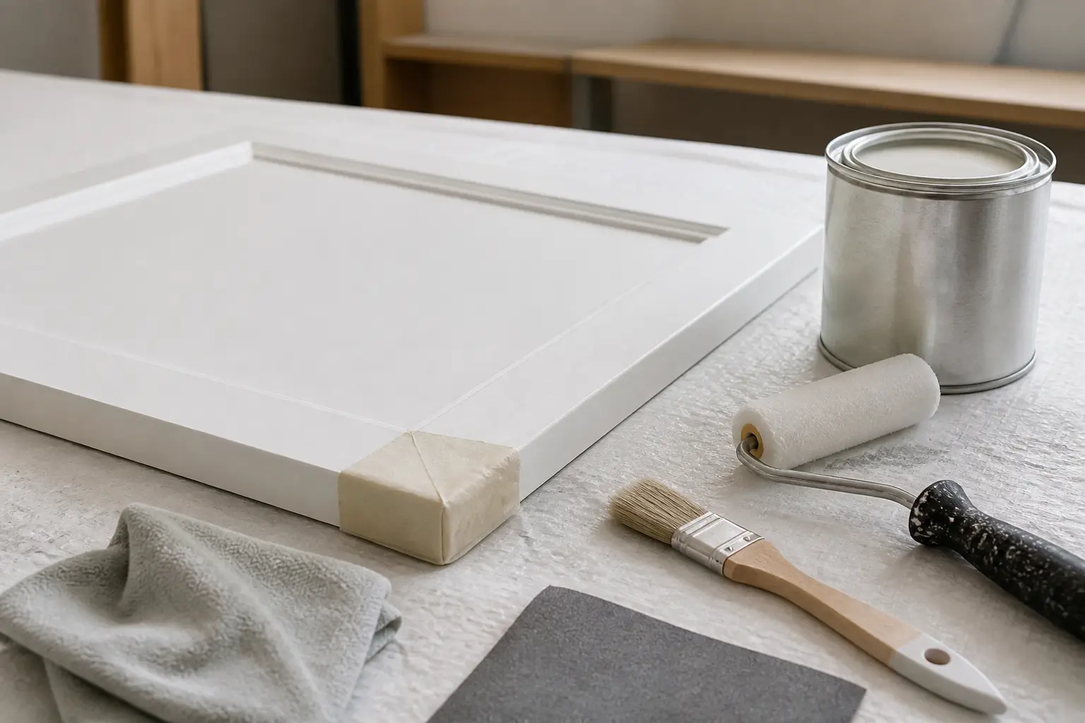 Préparation d’une peinture pour meuble ikea avec porte en mélamine, ponçage fin, sous-couche et outils.