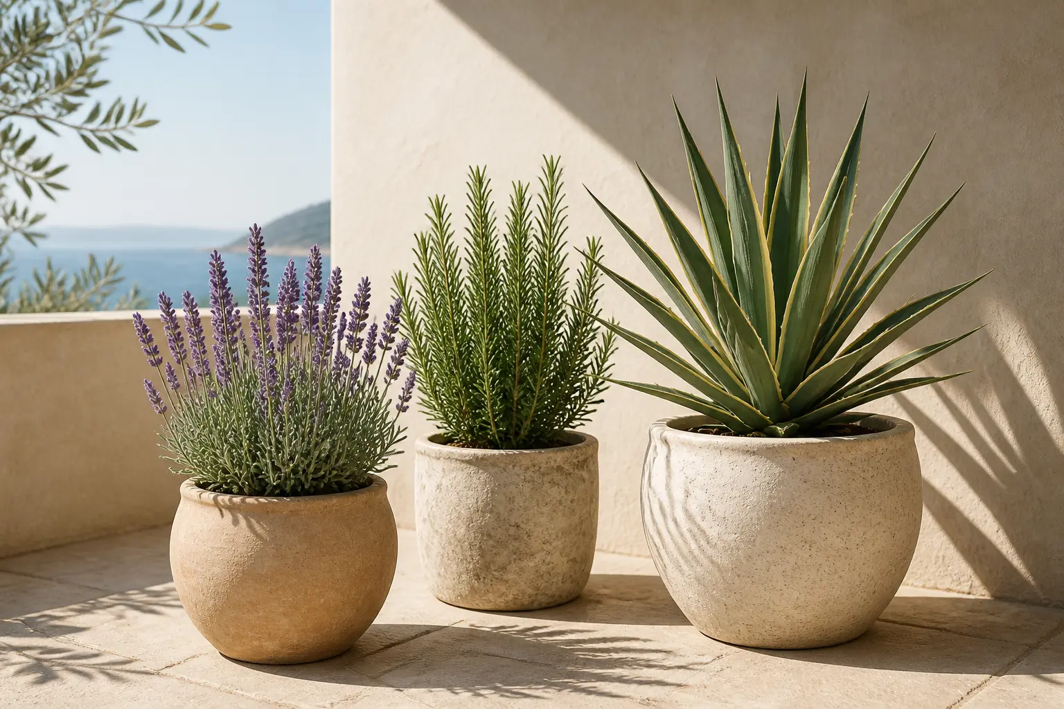 Plantes pour terrasse ensoleillée : lavande, romarin et agave en pots sur terrasse méditerranéenne