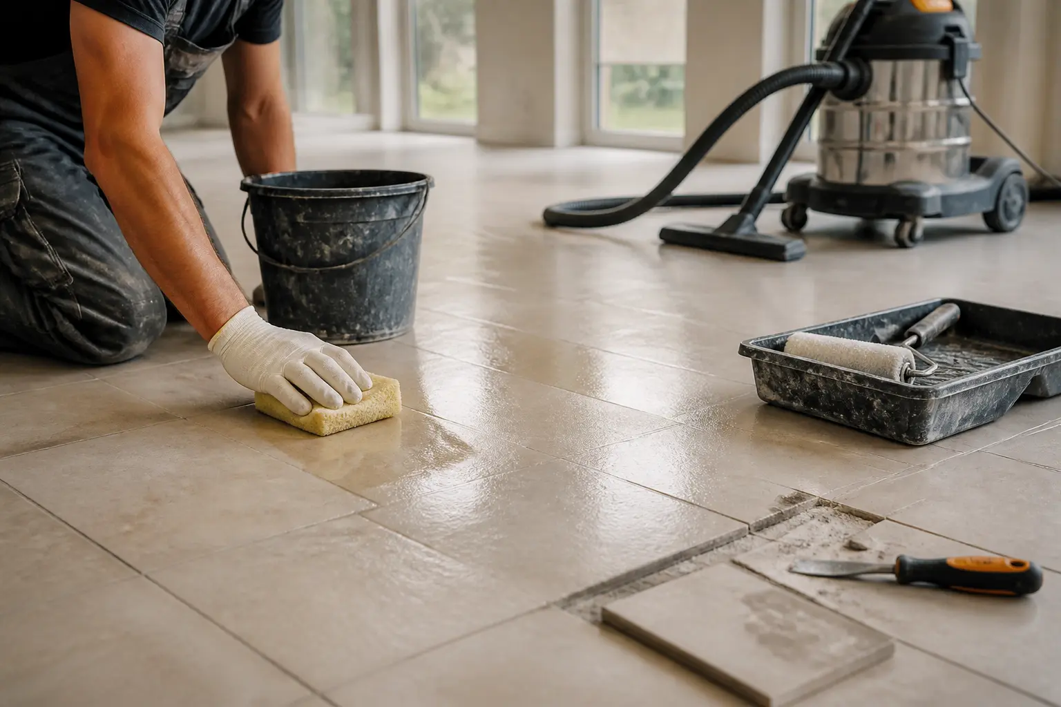 Préparer le support pour poser du parquet sur du carrelage : nettoyage, dégraissage et joints vérifiés.