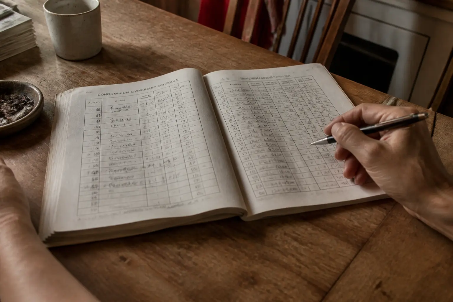 Tableau calcul tantième sur une table de cuisine, main tenant un stylo au-dessus d’un document de copropriété annoté