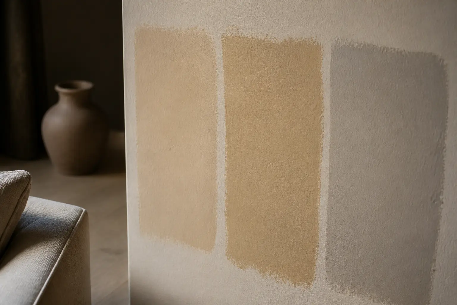 Beige chaud sur mur intérieur, trois échantillons comparant nuances sable, miel et gris froid, lumière naturelle.