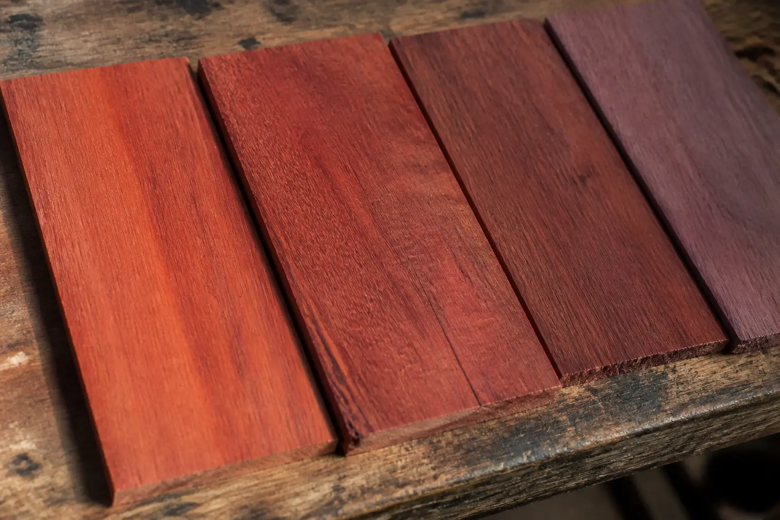 Bois rouge exotique : échantillons de planches aux teintes rouge orangé, brun rouge et violacé, grain brut visible.