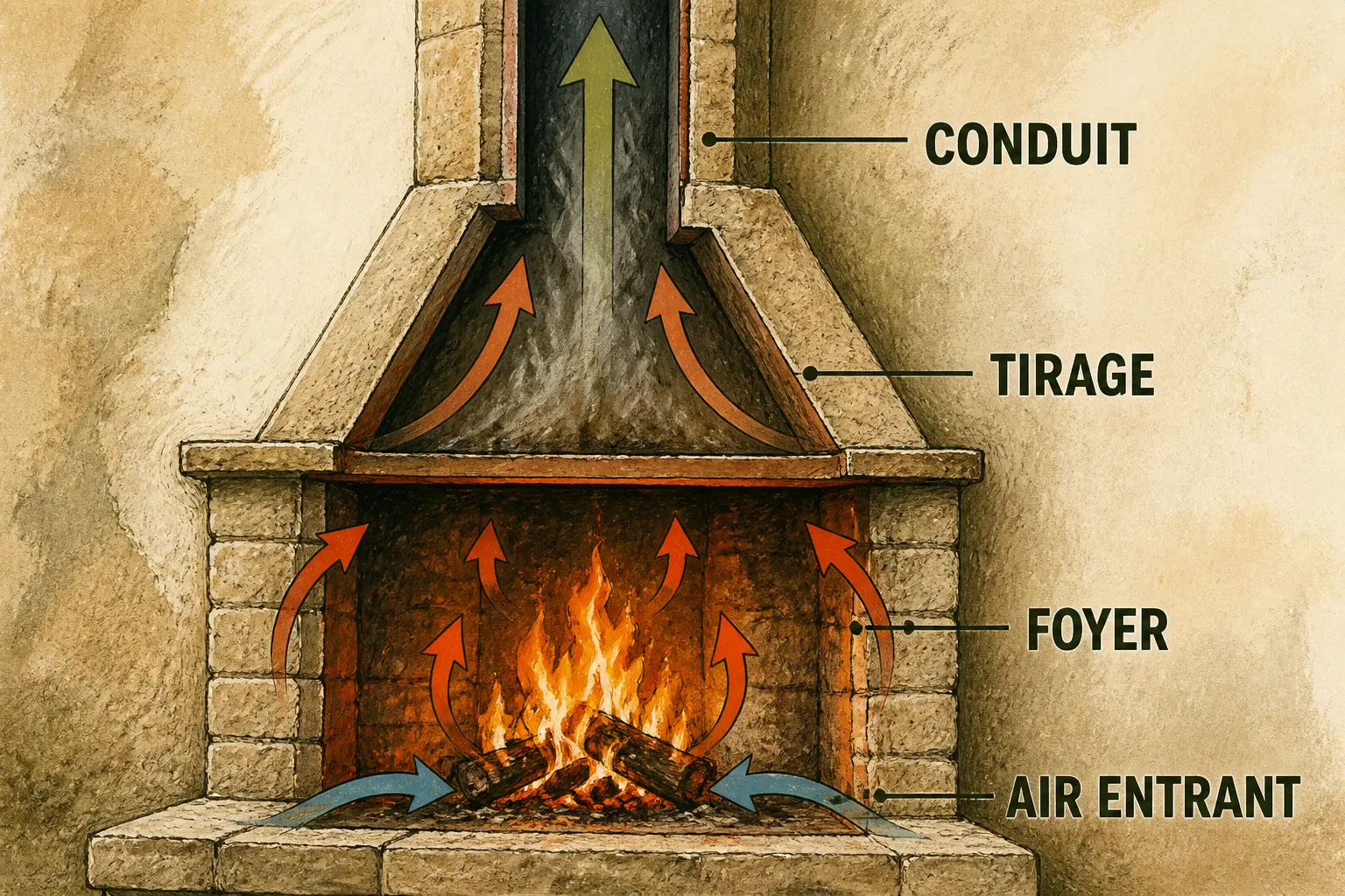 Schéma de cheminée ventilation montrant foyer, air entrant, tirage et conduit dans une coupe technique.