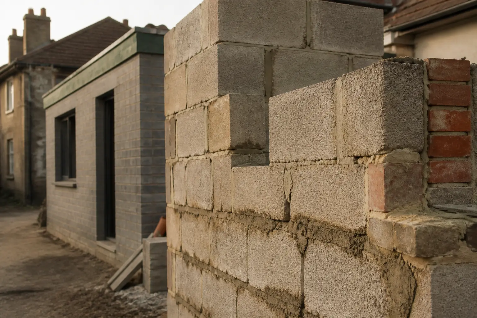 Mur en parpaings inachevé d’une construction illégale de plus de 10 ans, chantier résidentiel en cours, vue réaliste.