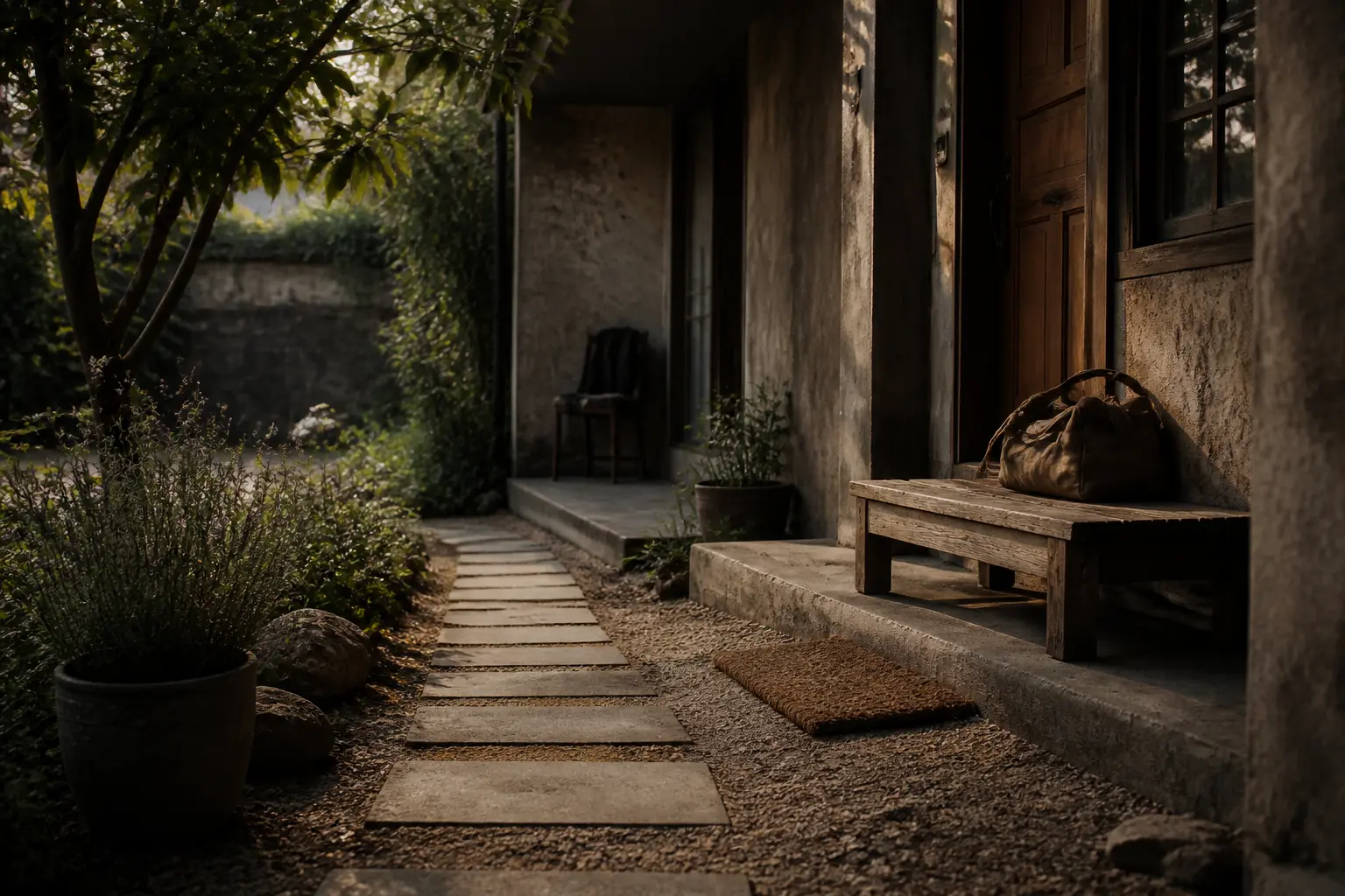 deco exterieur maison : entrée avec chemin, banc, coin lecture abrité et textures brutes guidant les usages quotidiens