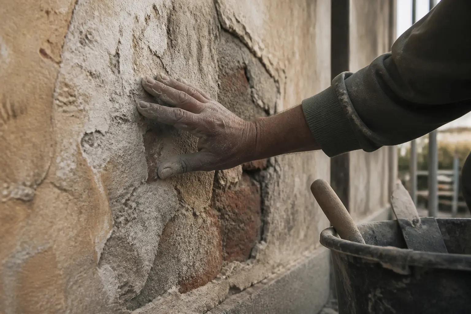 Enduit au ciment : main testant un mur extérieur abîmé, fissures, poussière et maçonnerie apparente avant rénovation