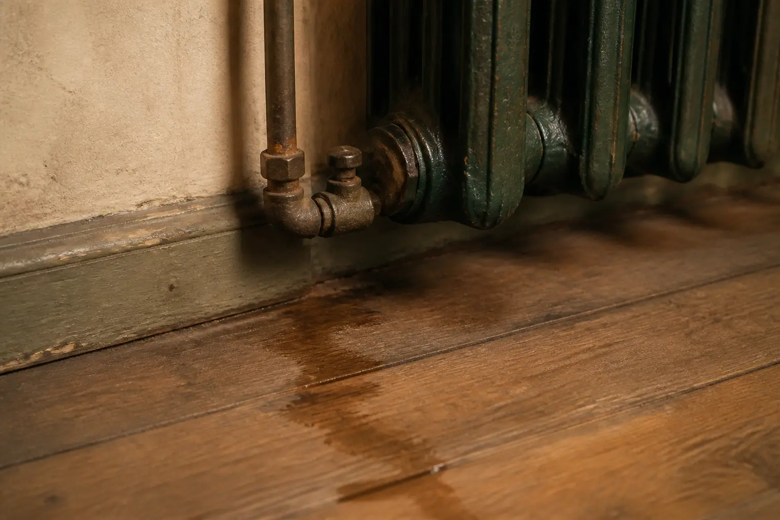Fuite radiateur : gros plan d’un radiateur avec valve et trace d’humidité au sol, suggérant l’origine de la fuite.
