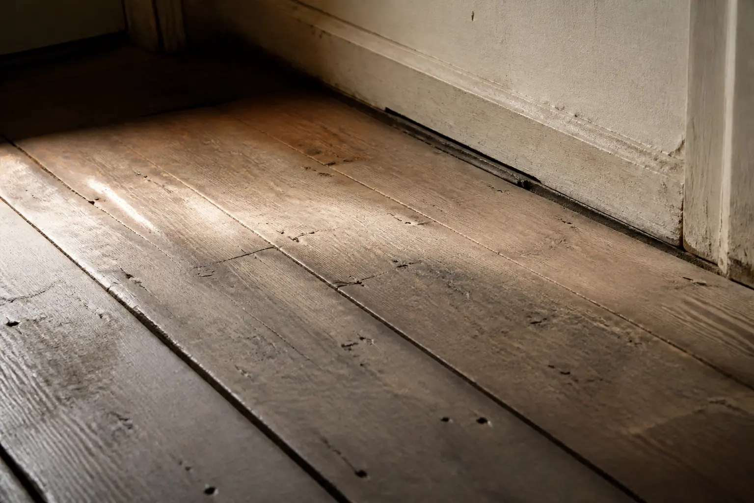 Isolation phonique plancher bois : gros plan d’un vieux plancher en bois usé, fissures et joints laissant passer le son.