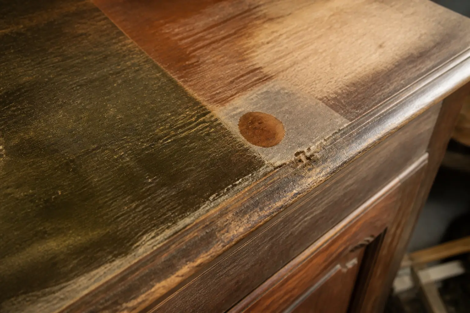 Avant de nettoyer un meuble en bois ciré encrassé, gros plan sur sa finition : cire, vernis et usure visibles.