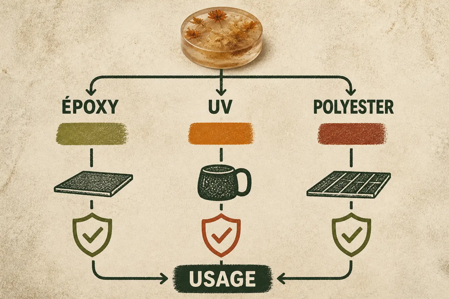Schéma de peinture sur resine : arbre de décision époxy, UV ou polyester vers usage décoratif, manipulé ou haute usure.