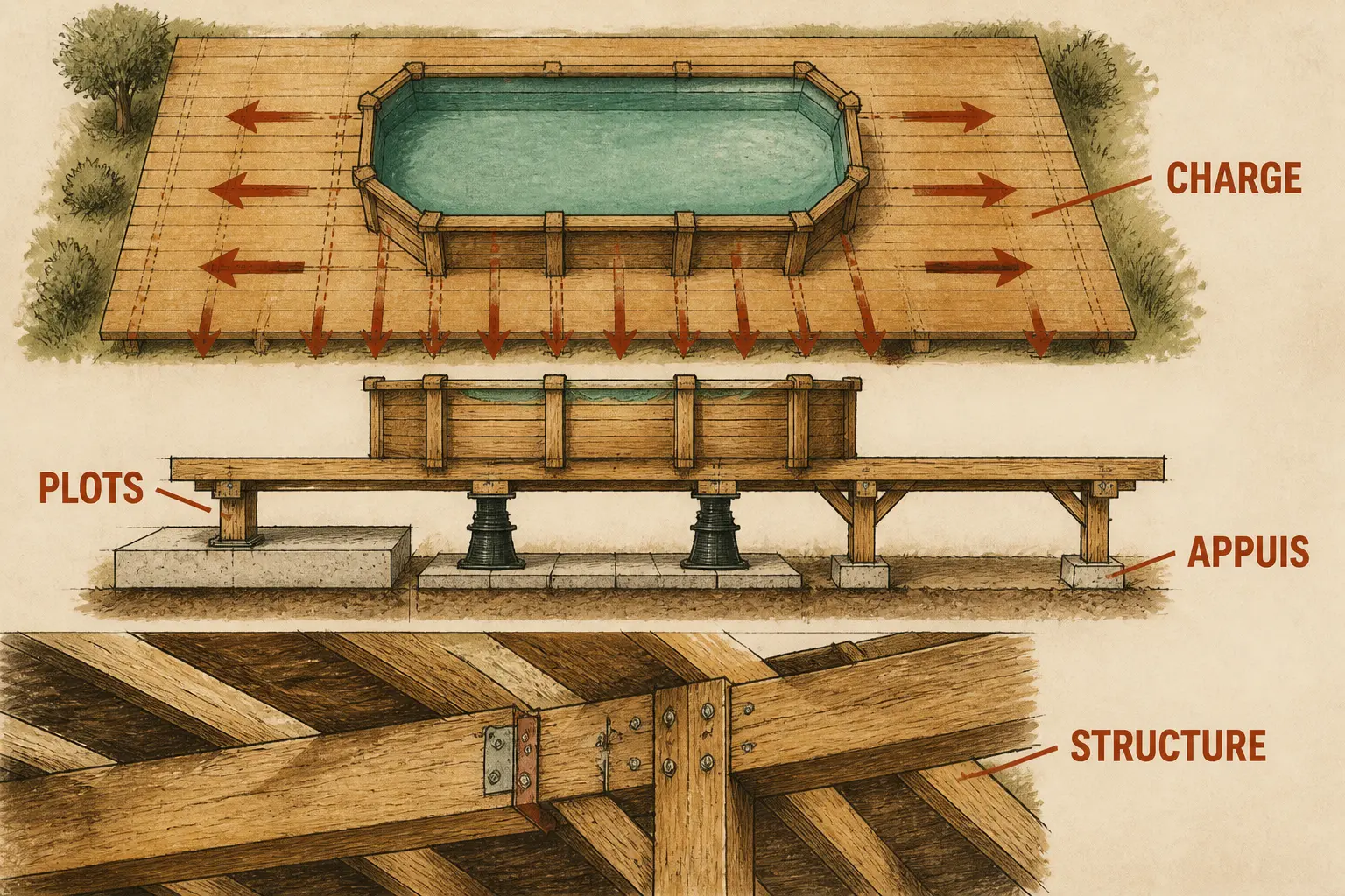 Piscine sur terrasse bois : schéma technique montrant la charge, les appuis et la structure d’une terrasse en bois.