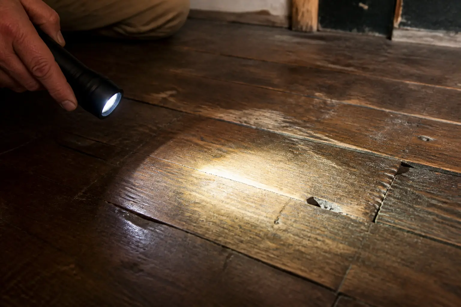 Inspection avant de poncer le parquet : lames usées, fissures, éclats et finition mince sous une lampe rasante.