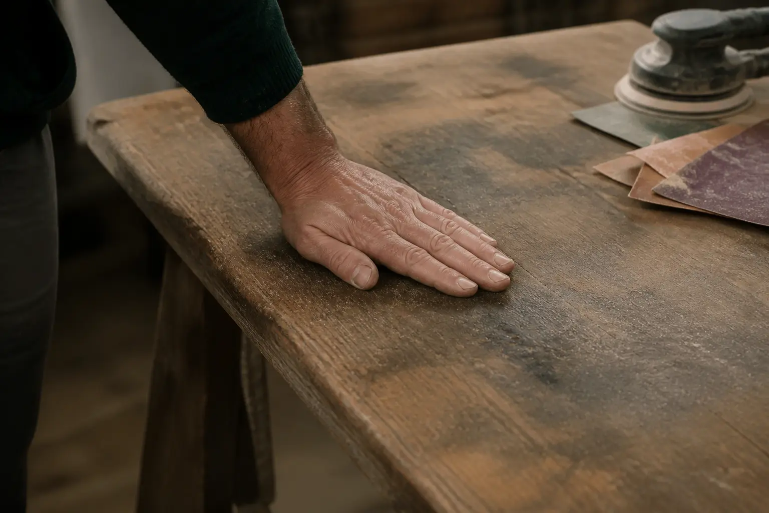 Main qui teste un plateau avant de poncer une table en bois, atelier réel, bois usé et outils de ponçage à côté