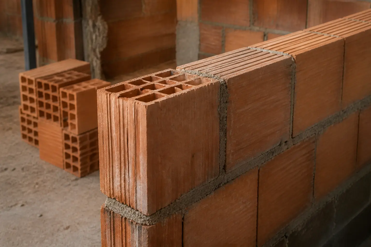 Mur porteur en porotherm sur chantier, blocs de terre cuite alvéolés, joints de mortier visibles, texture brute.