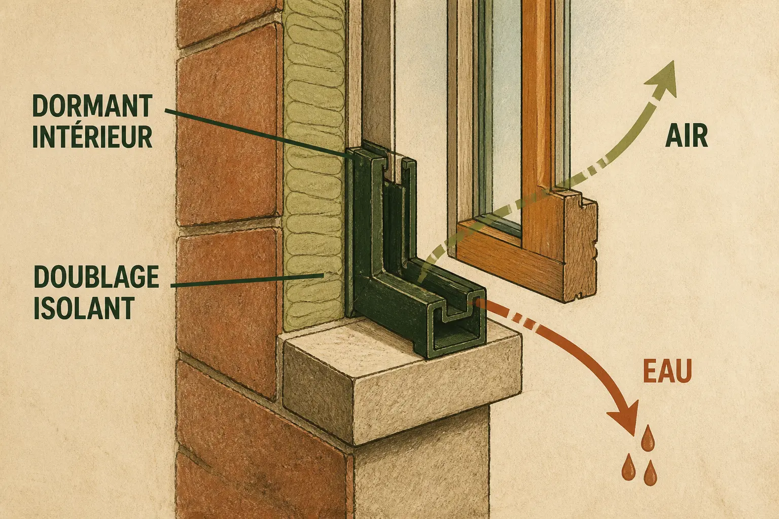 Schéma de pose applique de fenêtre montrant un dormant intérieur sur doublage isolant, avec flux d’air et d’eau.