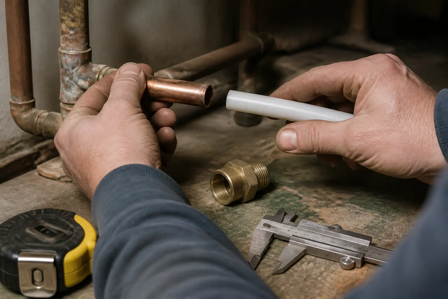 Plombier vérifiant comment raccorder per sur cuivre avec tube PER, raccord laiton, mètre et pied à coulisse.