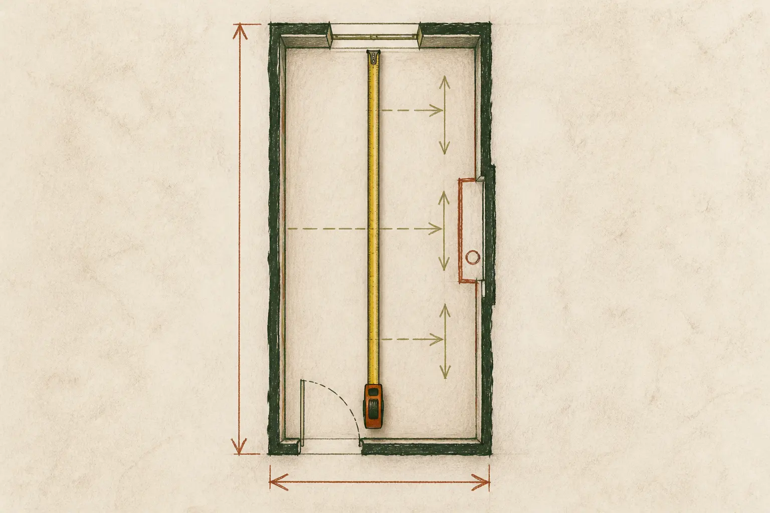 Plan de salle de bain en longueur mesuré, avec mètre ruban, cotes, murs irréguliers, porte et fenêtre.