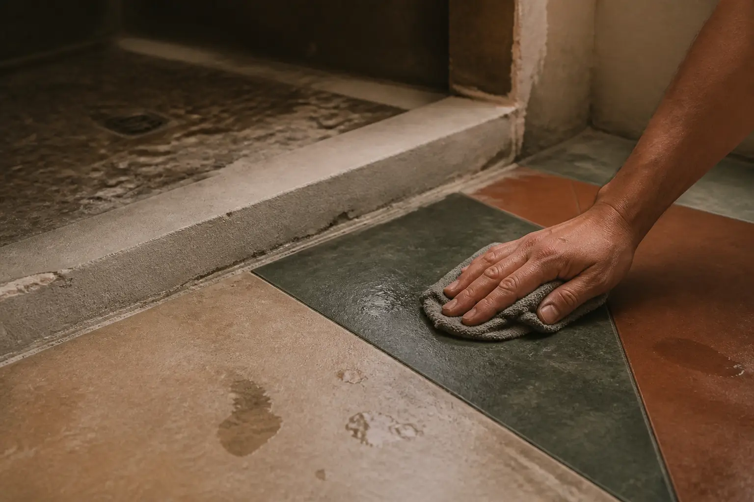 Salle de bain sol en rénovation, échantillons antidérapants testés à l’eau près d’un seuil de douche, main et empreintes humides
