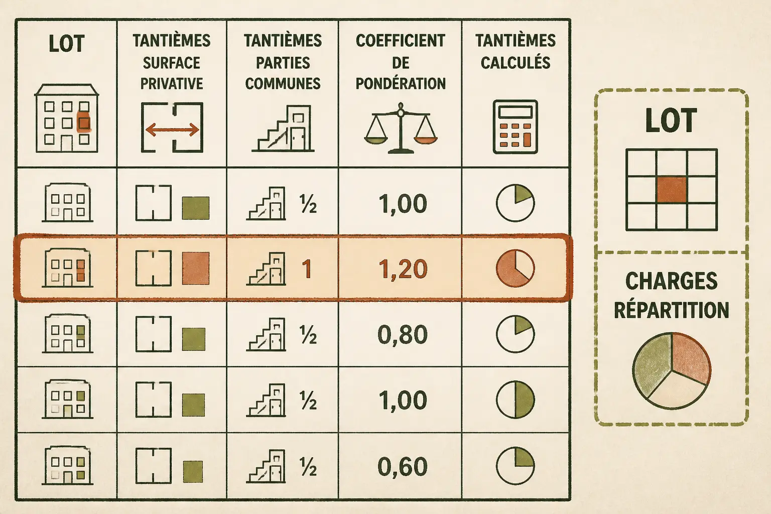 Tableau calcul tantième d’une copropriété avec colonnes lot, tantièmes, charges et répartition, une ligne mise en évidence.