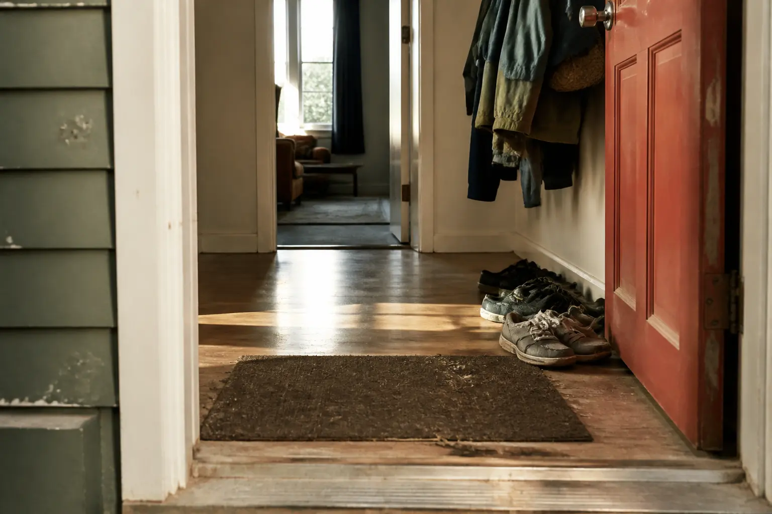 Entrée de maison modeste avec seuil légèrement encombré, pour illustrer le truc de grand-mère pour vendre une maison.