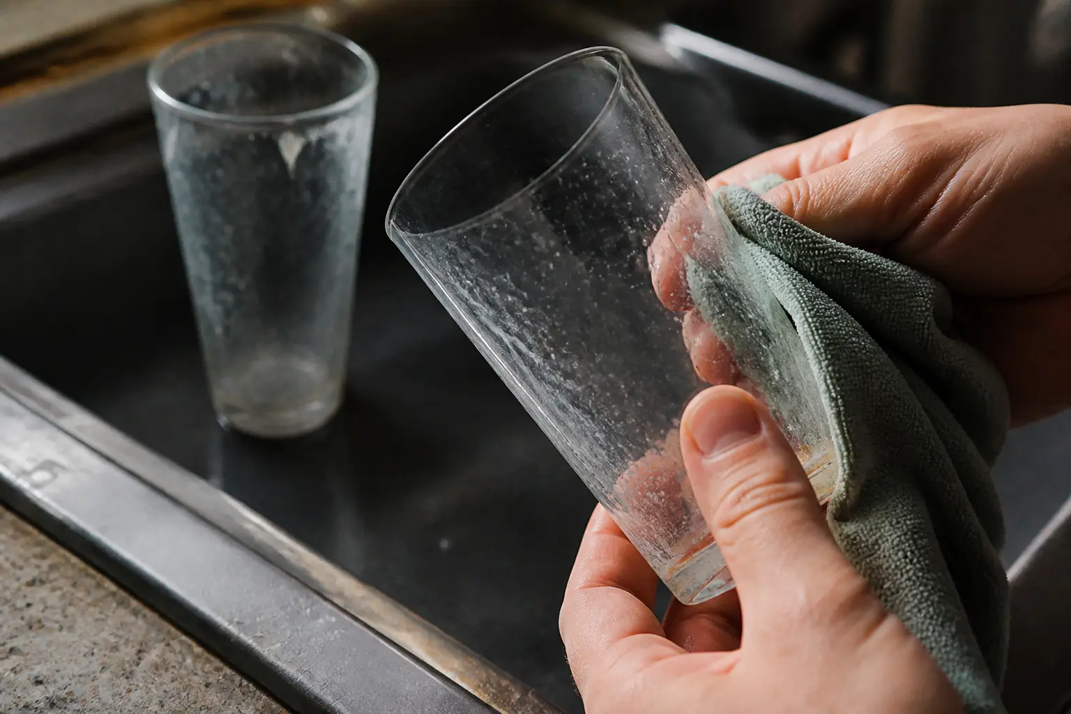 Verre blanchi rincé et essuyé à l’évier, avec résidu calcaire visible sous la lumière rasante