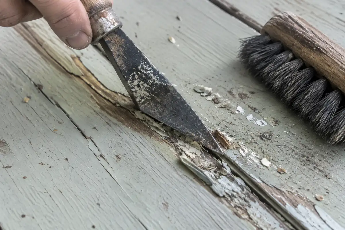 La pointe d'un grattoir triangulaire élargit une fente dans une planche peinte