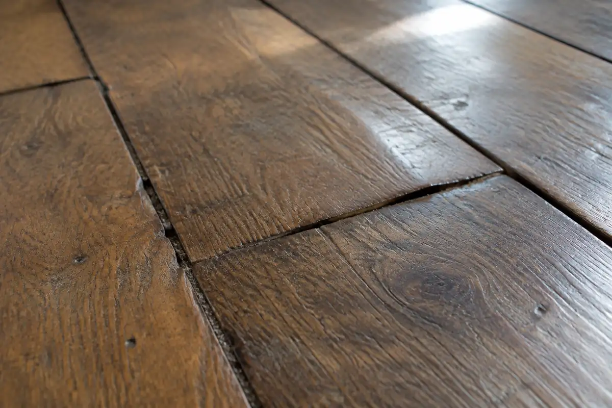 Lames de parquet en chêne aux joints ouverts, un bord légèrement relevé sous une lumière rasante