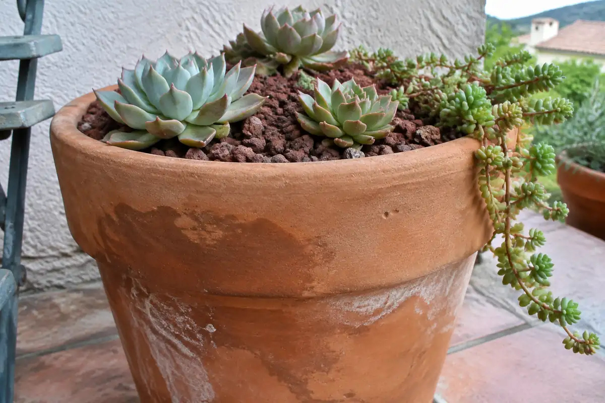 Pot de terre cuite brute taché d'humidité et de sels, planté d'échéverias et d'un orpin sur pouzzolane